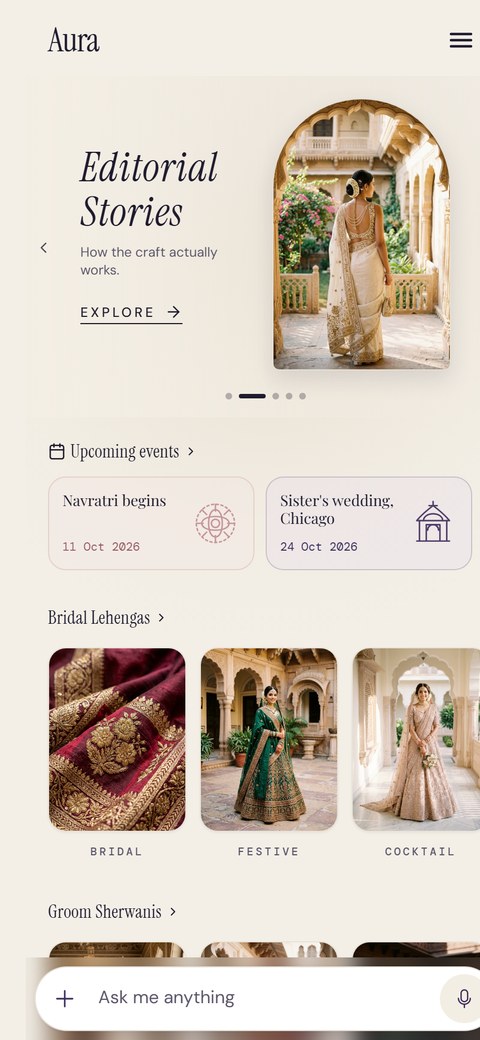 Aura home screen: Editorial Stories, upcoming events and bridal lehengas