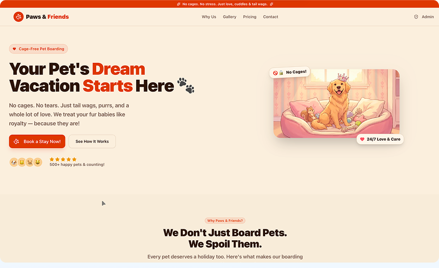 The Paws & Friends landing page — Your Pet's Dream Vacation Starts Here