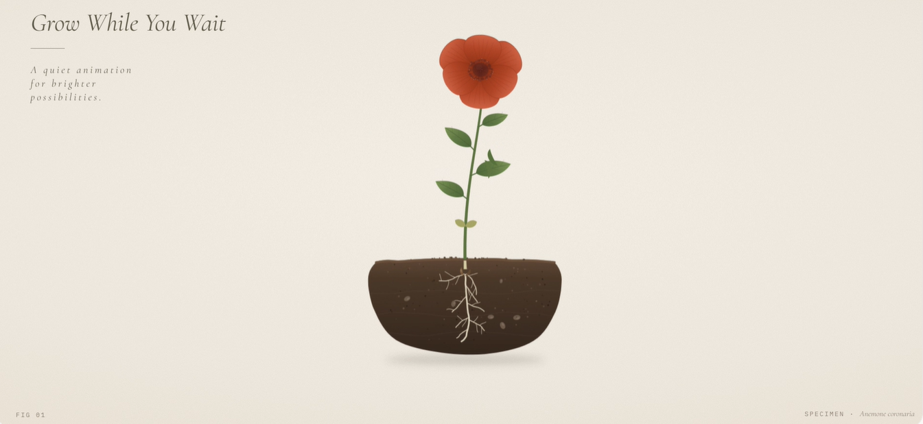 Grow While You Wait: a red anemone growing from a bowl of soil as a quiet loading animation