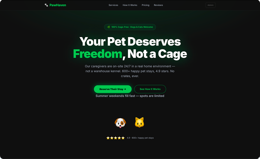 The Pawhaven landing page — a dark hero reading Your Pet Deserves Freedom, Not a Cage