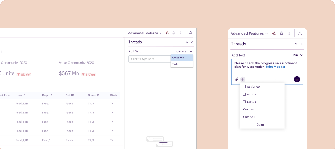 Threads drawer with the comment and task thread types, and the action-type menu