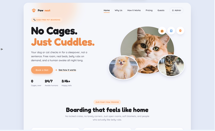 The Paw Nest landing page — No Cages. Just Cuddles.