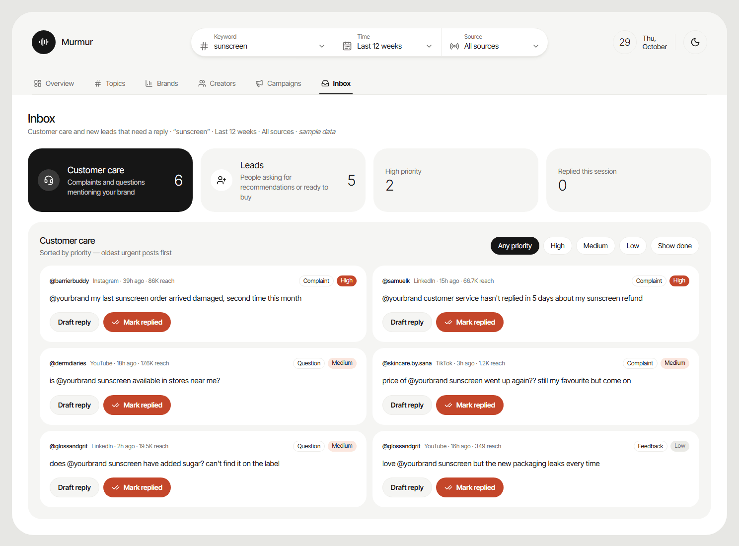 Murmur Inbox: customer care and leads counts, and priority-tagged posts with draft reply and mark replied actions