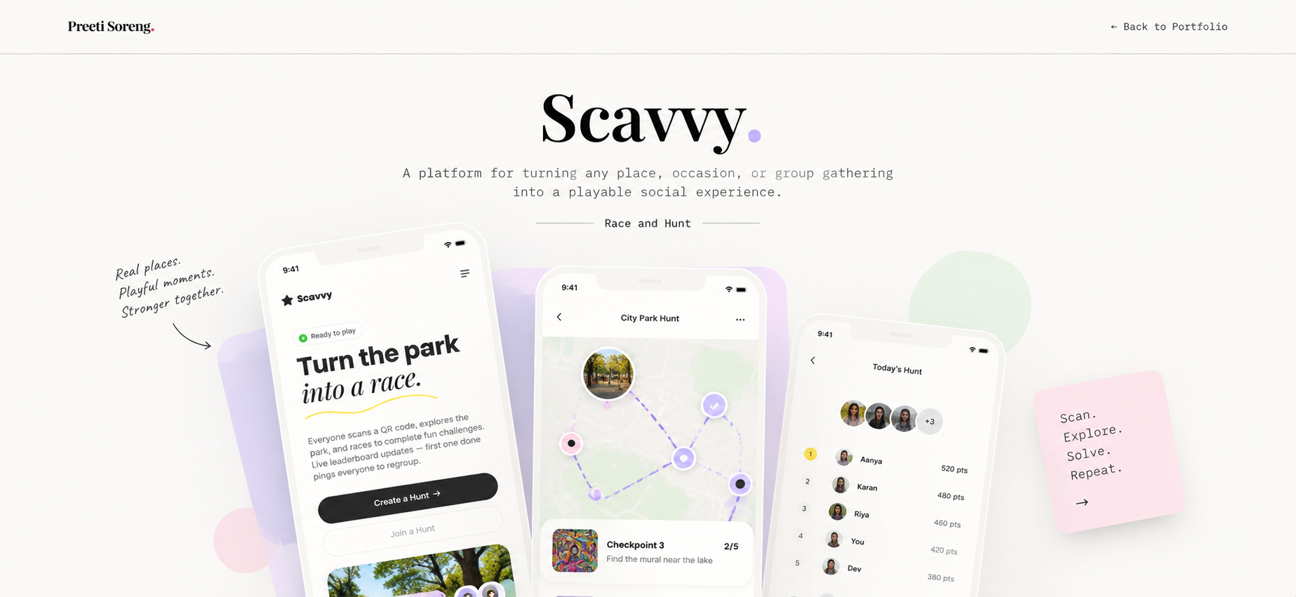 Scavvy case study cover featuring three mobile app screens for creating a hunt, following a map, and viewing the leaderboard