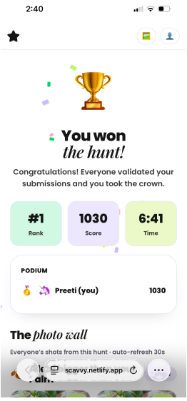 The result screen — rank, score, time and the podium