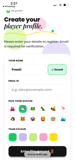 The player profile screen — name, avatar and team colour