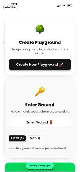 The home screen — create a playground or enter a ground code