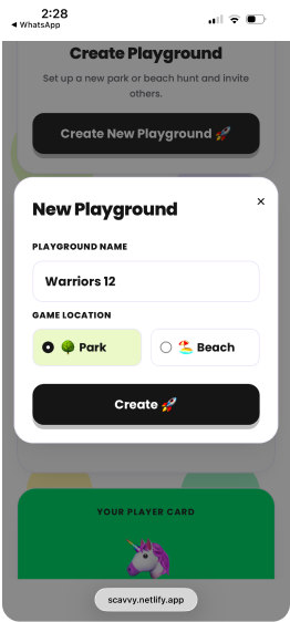 The new playground dialog — name and location