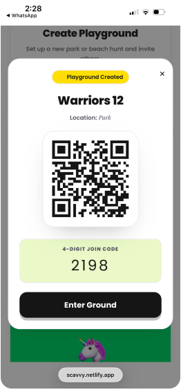 The created playground with its QR code and four-digit join code