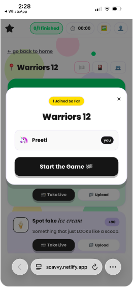 The lobby, with the leader's Start the Game button