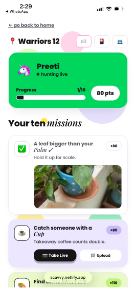 The mission list — ten challenges with points and photo uploads