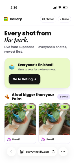 The gallery of everyone's shots, with voting unlocked