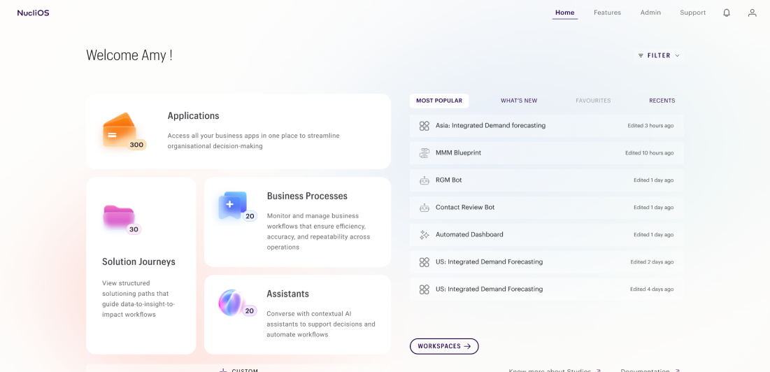 The Studios home page, with application tiles beside a recent-activity rail