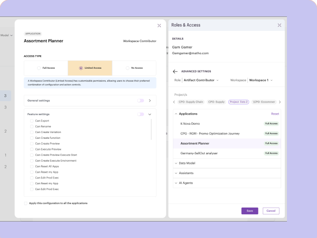 Changing an access type, which opens the granular settings for that artifact