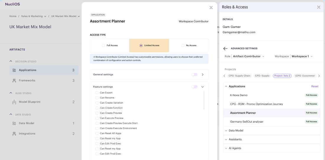 The roles and access drawer open over an assortment planner in NucliOS